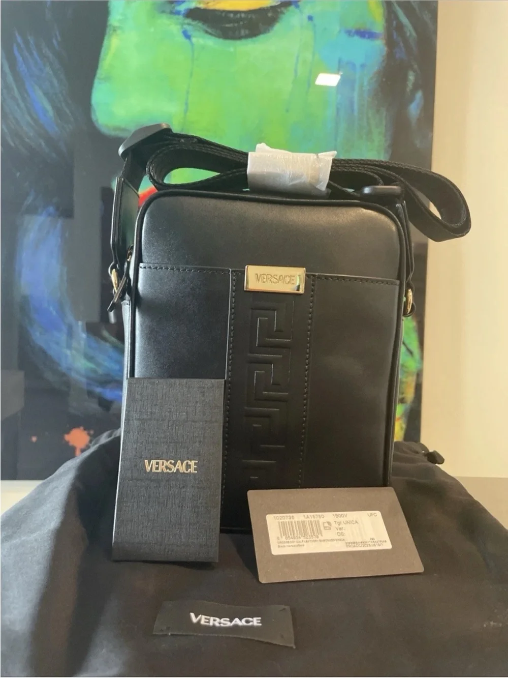 Versace Black Leather Messenger Crossbody with Gold Plaque